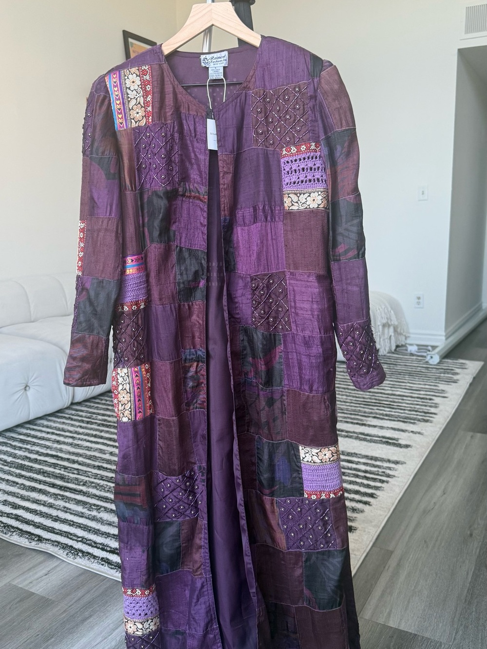 VINTAGE 90s/Y2K PURPLE SILK PATCHWORK DUSTER COAT
